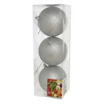 Gerimport Kerstballen - 3 stuks - zilverkleurig - glitters - kunststof - 10cm - Kerstbal