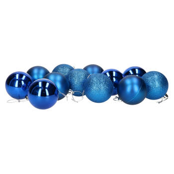 Gerim Kerstballen - 12 stuks - blauw - kunststof - mat/glans/glitter - D6 cm - Kerstbal