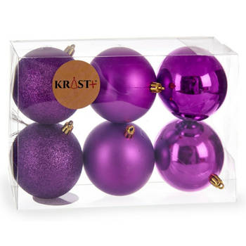 Krist+ kerstballen - 6x st - paars - kunststof - 8 cm - Kerstbal