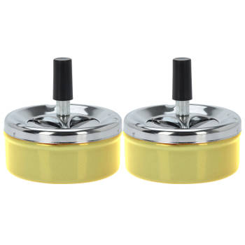 Set van 2x stuks ronde draaiasbak/drukasbak metaal 10 cm geel voor binnen/buiten - Asbakken