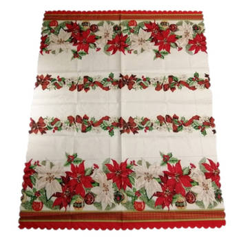Kerst thema print tafelkleed van 150 x 250 cm - Kerstbloemen print in ecru/groen/rood - Tafellakens