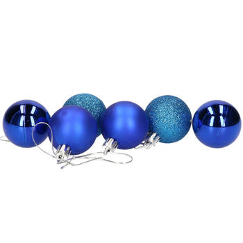 Gerimport Kerstballen - 6 stuks - blauw - kunststof - D4 cm - Kerstbal