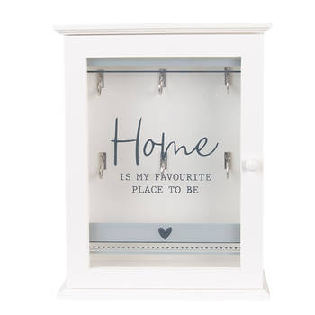 Clayre & Eef Sleutelkastje 20x6x27 cm Wit Hout Glas Rechthoek Home is my favourite place to be Sleutelhouder Wit
