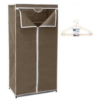 Mobiele opvouwbare kledingkast bruin 75 x 46 x 160 cm incl. 10 witte kledinghangers - Campingkledingkasten