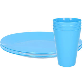 8-delig ontbijt/diner set van hard kunststof in het blauw - outdoor camping - Drinkbekers