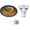 LED Spot Set - Pragmi Zano Pro - GU10 Fitting - Inbouw Rond - Mat Zwart/Goud - Kantelbaar - Ø93mm - Philips - CorePro