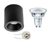 Opbouwspot Set - Pragmi Cliron Pro - GU10 Fitting - Opbouw Rond - Mat Zwart - Verdiept - Ø90mm - Philips - CorePro 840