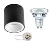 Opbouwspot Set - Pragmi Cliron Pro - GU10 Fitting - Opbouw Rond - Mat Zwart/Wit - Verdiept - Ø90mm - Philips - CorePro