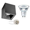 Opbouwspot Set - Pragmi Cliron Pro - GU10 Fitting - Opbouw Vierkant - Mat Zwart - Verdiept - 90mm - Philips - CorePro