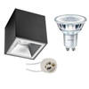 Opbouwspot Set - Pragmi Cliron Pro - GU10 Fitting - Opbouw Vierkant - Mat Zwart/Zilver - Verdiept - 90mm - Philips -