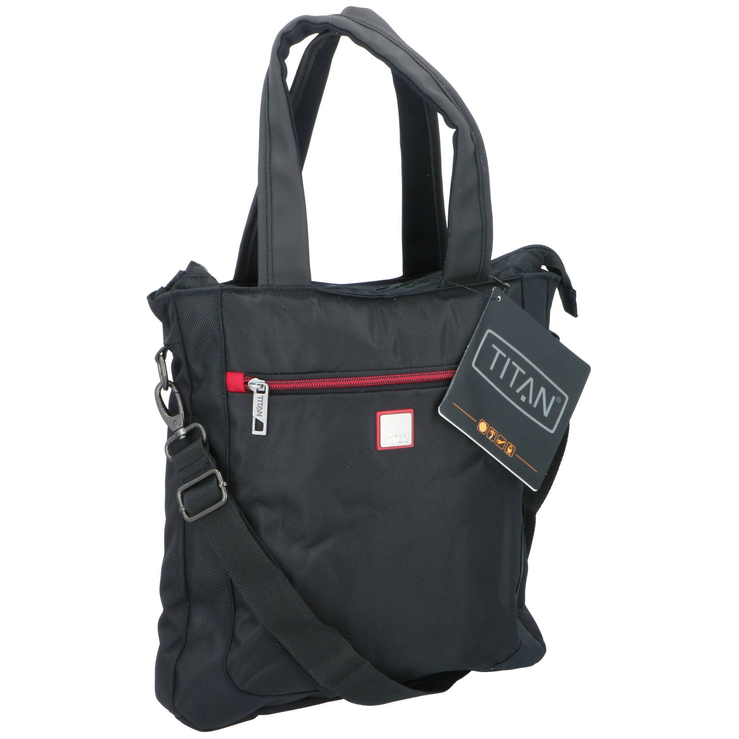 Titan Schoudertas met Rits - Tote Bag - 33,5 x 6,5 x 33,5 CM - Hoofd- en Voor Vak met Rits - Ideaal voor Werk en Reizen - Zwart/Rood