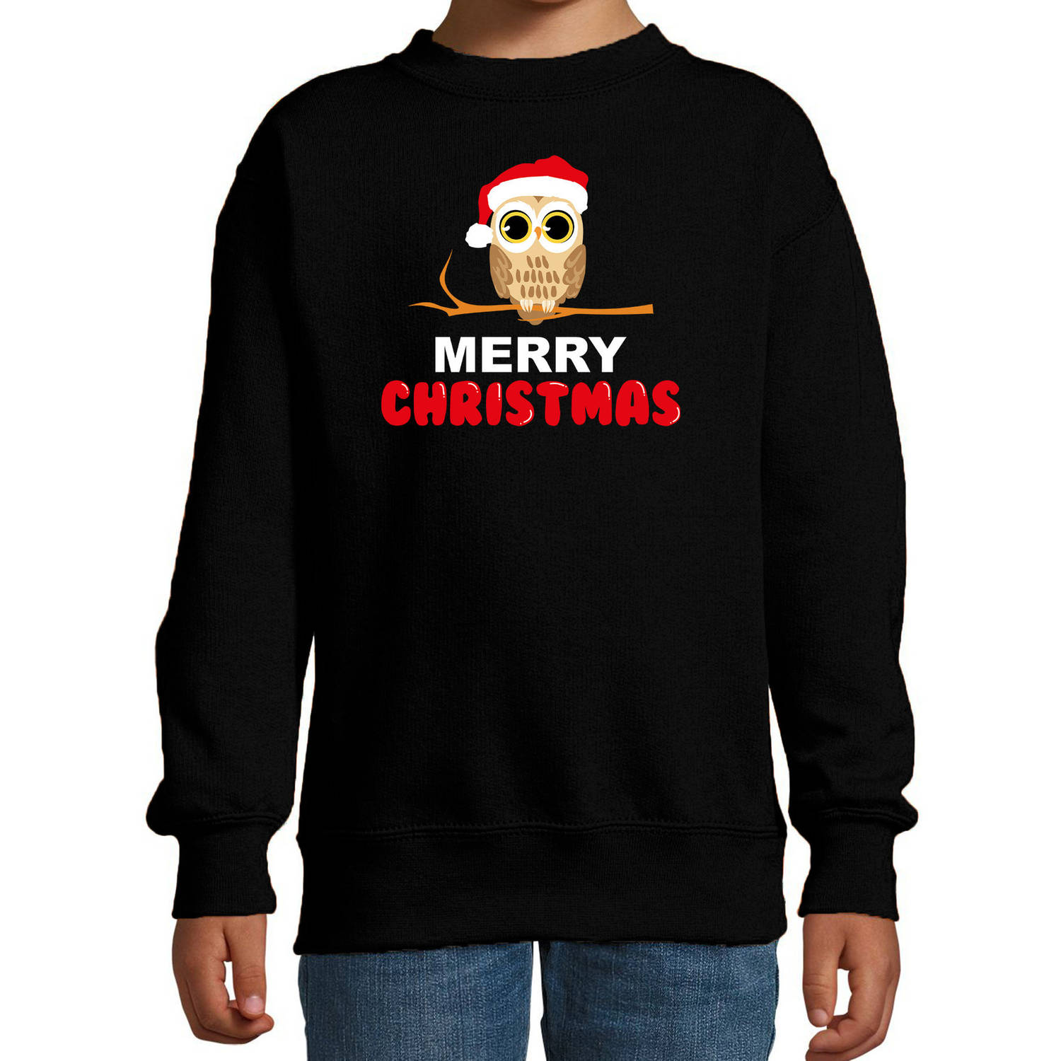 Leuke dieren Kersttrui christmas uil sweater Kerst zwart voor kinderen 5-6 jaar (110/116) - kerst truien kind
