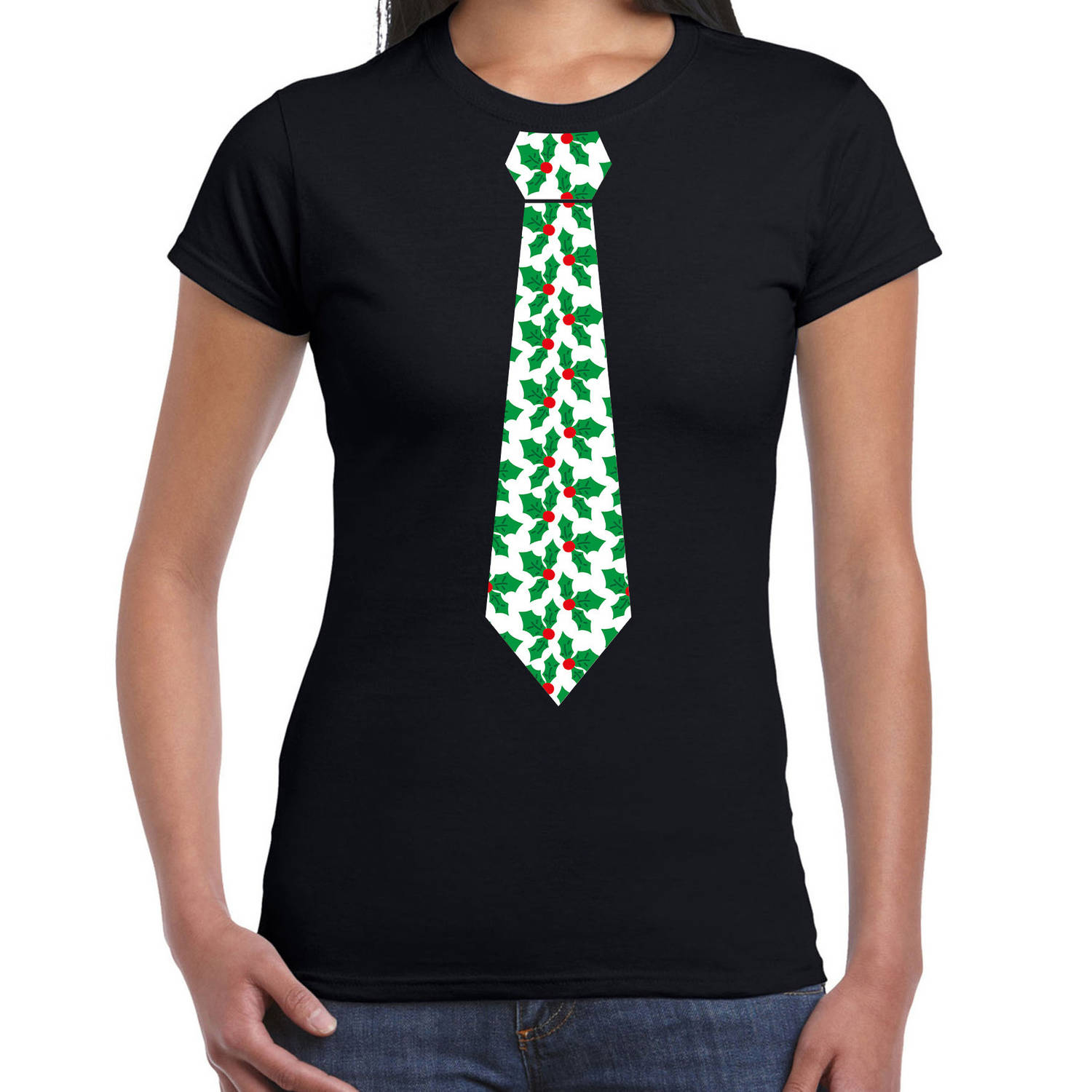 Stropdas Kerst T-shirt mistletoe patroon voor dames zwart S - kerst t-shirts
