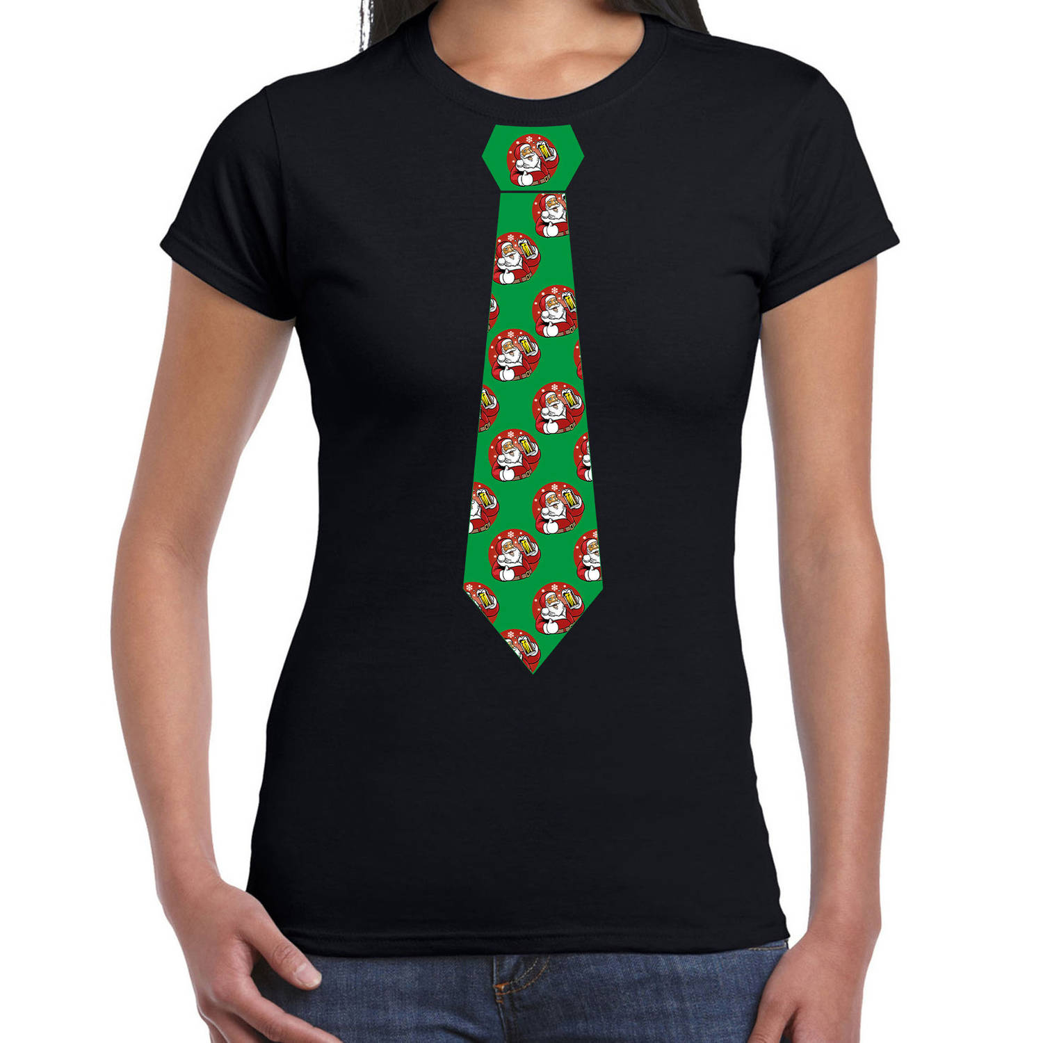 Stropdas Kerst T-shirt kerstman met bier voor dames zwart XS - kerst t-shirts