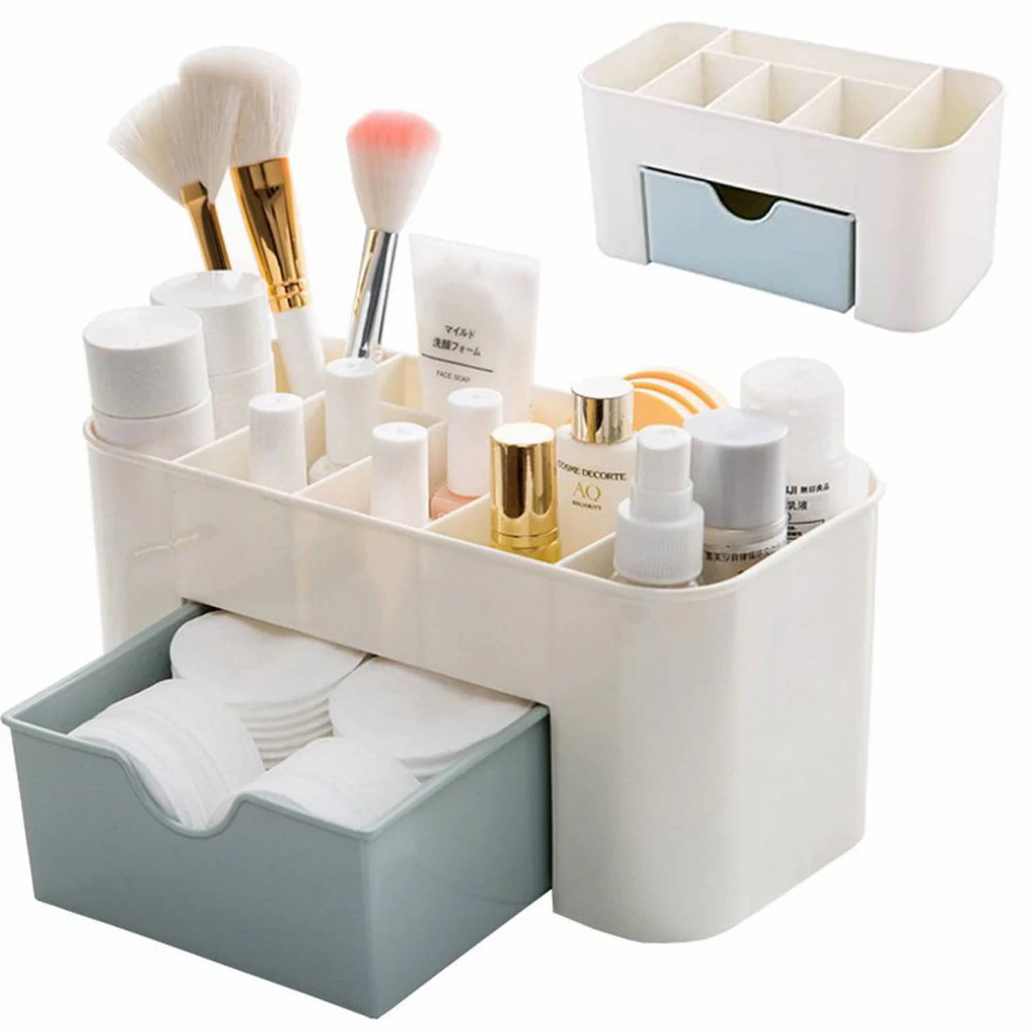 Make-up cosmetica organizer opbergdoos 6 sorteervakken inclusief lade 21 x 11 x 9.5 cm crème - Kleur Grijs Blauw
