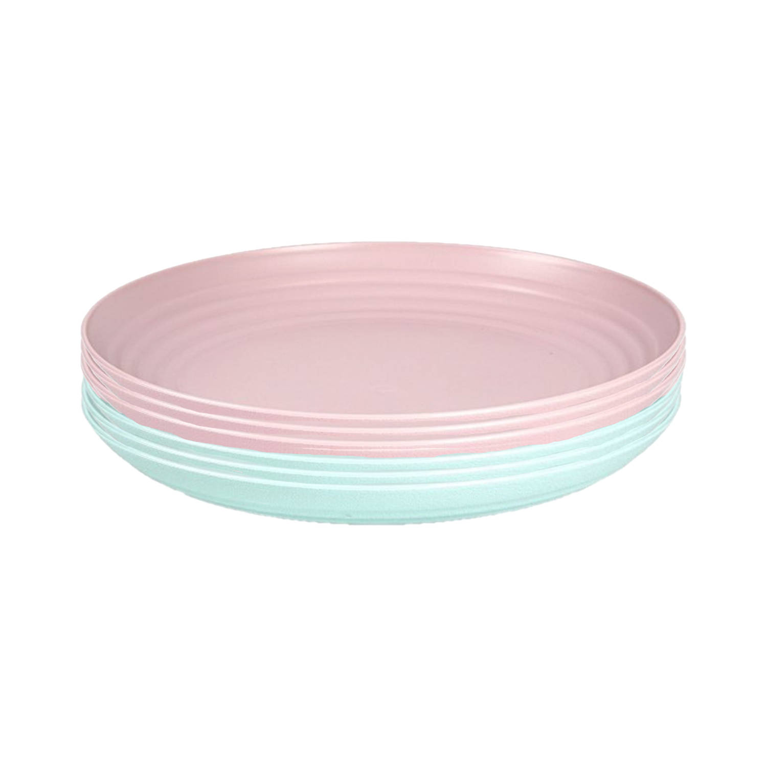 Setje van 10x stuks ronde kunststof borden groen en roze 25 cm - Campingborden