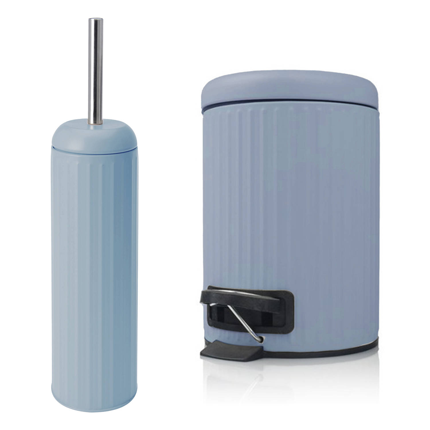 Set van 1x prullenbak en 1x wc borstel met houder - grijsblauw - metaal - Badkameraccessoireset