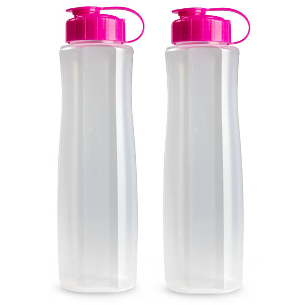 2x stuks kunststof waterflessen 1500 ml transparant met dop roze - Drinkflessen