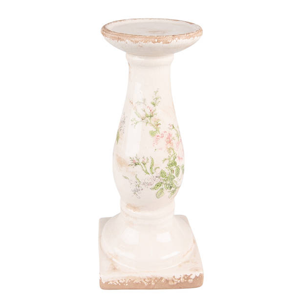 HAES DECO - Kandelaar 30 cm Roze Beige Keramiek Bloemen Kaarsenstandaard Kaarsenhouder