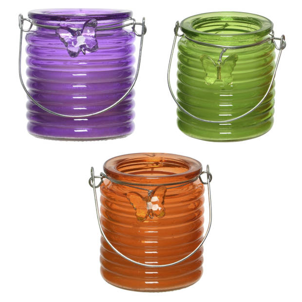 Citronella windlicht met kaars - 3x - paars/groen en oranje - 20 branduren - citrusgeur - geurkaarsen