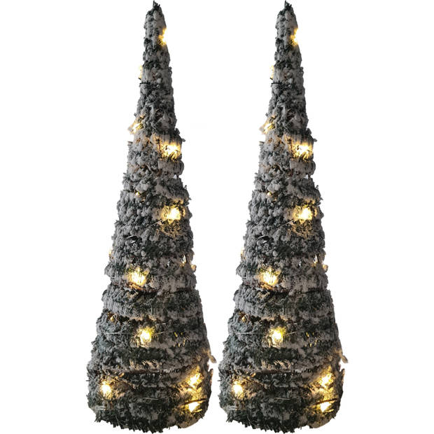 Set van 2x stuks kerstverlichting figuren Led kegel kerstboom groen besneeuwd 60 cm - kerstverlichting figuur