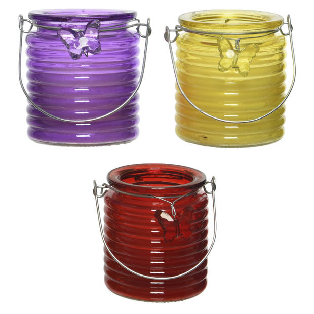 Citronella windlicht met kaars - 3x - paars/geel en rood - 20 branduren - citrusgeur - geurkaarsen