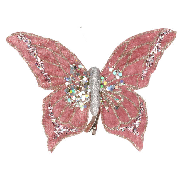 6x stuks kunststof decoratie vlinders op clip roze 10 x 15 cm - Kunstbloemen