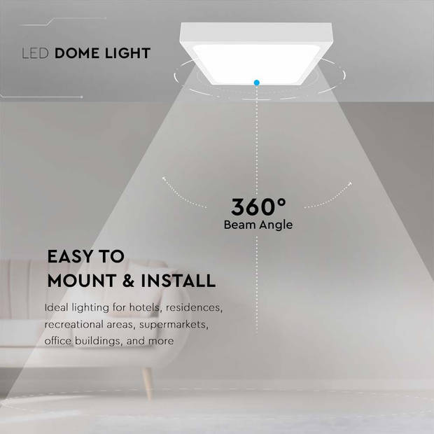 V-TAC VT-8618W-SQ LED vierkante lichtkoepels - 225mm - IP44 - Wit - 18W - 1800 Lumen - 4000K