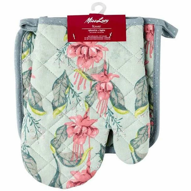 Miss Lucy Flower set van 2 ovenwanten - Ovenhandschoenen - Pan lap - Keuken textiel - Keukenhandschoen - Groen