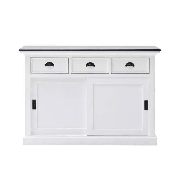 HalifaxContrast dressoir met schuifdeuren en 3 lades, in wit met zwarte top.