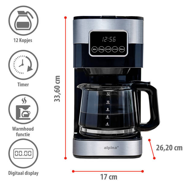 alpina Koffiemachine 900W - Filterkoffie - 1,5 L/ 12 Kopjes - Uitstelfunctie - Warmhoudplaat - Digitaal Display - Zwart