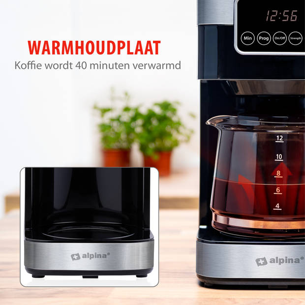 alpina Koffiemachine 900W - Filterkoffie - 1,5 L/ 12 Kopjes - Uitstelfunctie - Warmhoudplaat - Digitaal Display - Zwart