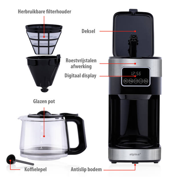 alpina Koffiemachine 900W - Filterkoffie - 1,5 L/ 12 Kopjes - Uitstelfunctie - Warmhoudplaat - Digitaal Display - Zwart