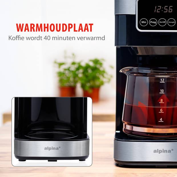 alpina Koffiemachine 900W - Filterkoffie - 1,5 L/ 12 Kopjes - Uitstelfunctie - Warmhoudplaat - Digitaal Display - Zwart