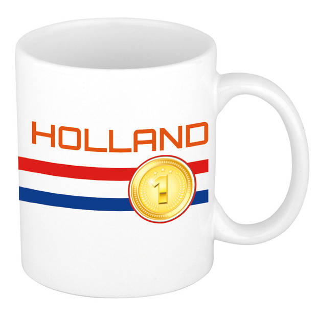 2x stuks mok/ beker wit Holland vlag met medaille 300 ml - feest mokken