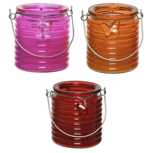 Citronella kaars - 3x - in windlicht - roze/oranje en rood - 20 branduren - citrusgeur - geurkaarsen