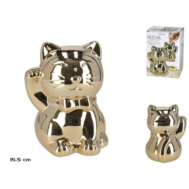 Spaarpot kat/poes in het glimmend goud 15.5 cm - Spaarpotten