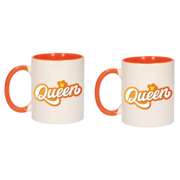 Mok/ beker wit en oranje Koningsdag Queen met kroontje 300 ml - feest mokken