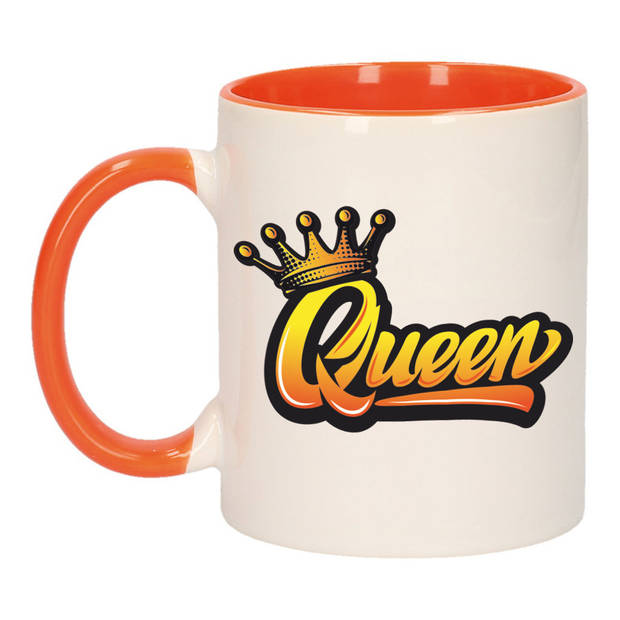 2x stuks mok/ beker wit en oranje Koningsdag Queen met kroon 300 ml - feest mokken