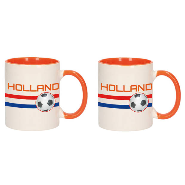 2x stuks mok/ beker wit Holland vlag met voetbal 300 ml - feest mokken