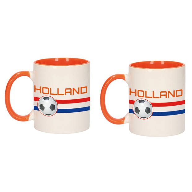 2x stuks mok/ beker wit Holland vlag met voetbal 300 ml - feest mokken