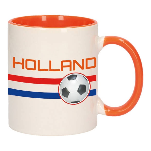 2x stuks mok/ beker wit Holland vlag met voetbal 300 ml - feest mokken