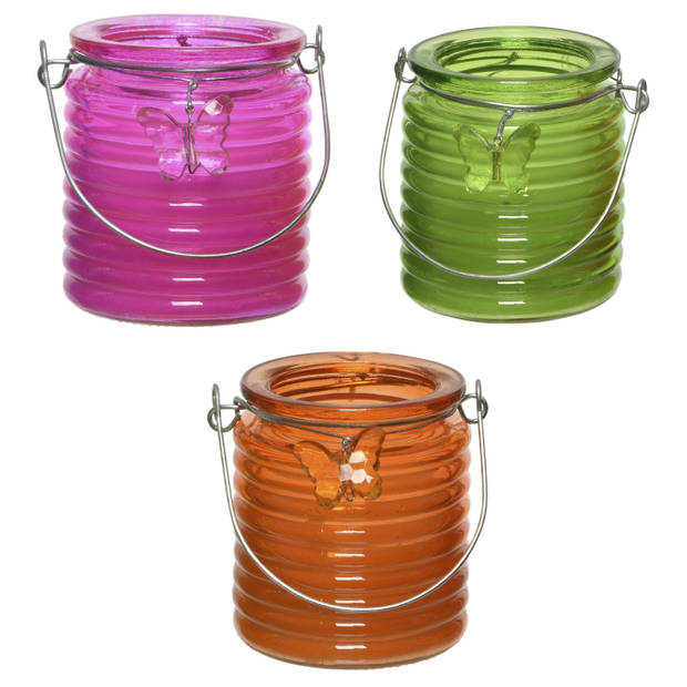 Citronella kaars - 3x - in windlicht - roze/groen en oranje - 20 branduren - citrusgeur - geurkaarsen