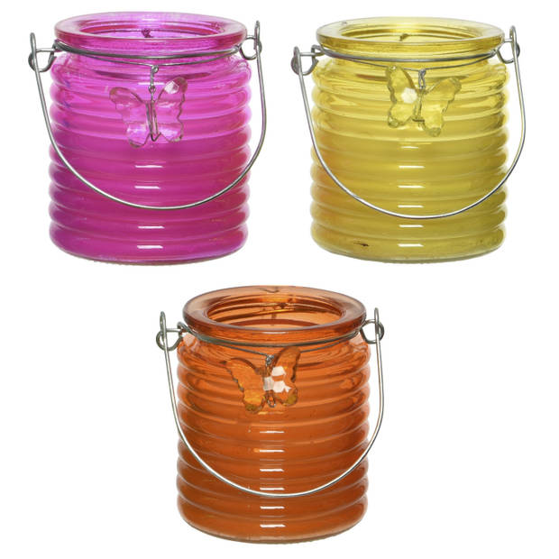 Citronella kaars - 3x - in windlicht - roze/geel en oranje - 20 branduren - citrusgeur - geurkaarsen