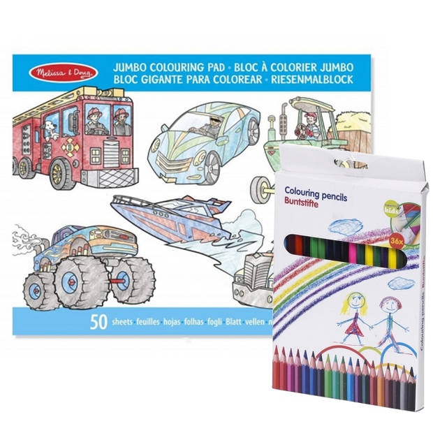 Jongens voertuigen kleurboek met 36x kleurpotloden set - Kleurboeken