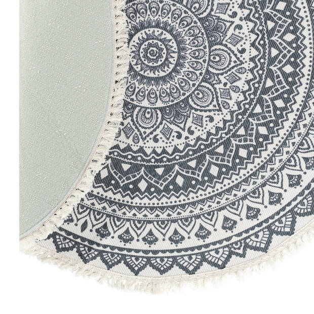 QUVIO Tapijt rond met franjes en mandala opdruk - 90 cm - Gebroken wit/Antraciet