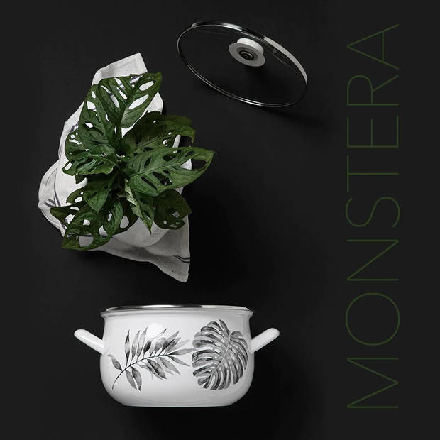 Emalia Monstera deliciosa blad decoratie geëmailleerde kookpan 18 cm 3 Liter wit / zwart