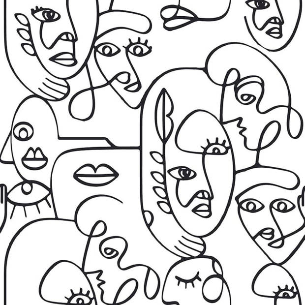 Noordwand Behang Friends & Coffee Line Art Faces wit en zwart