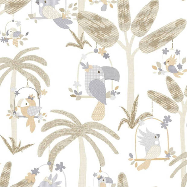 Noordwand Behang Mondo baby Animals Birds Trees wit en beige