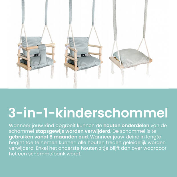 Luxe houten 3 in 1 licht grijze meegroei baby schommel en Kinder schommel